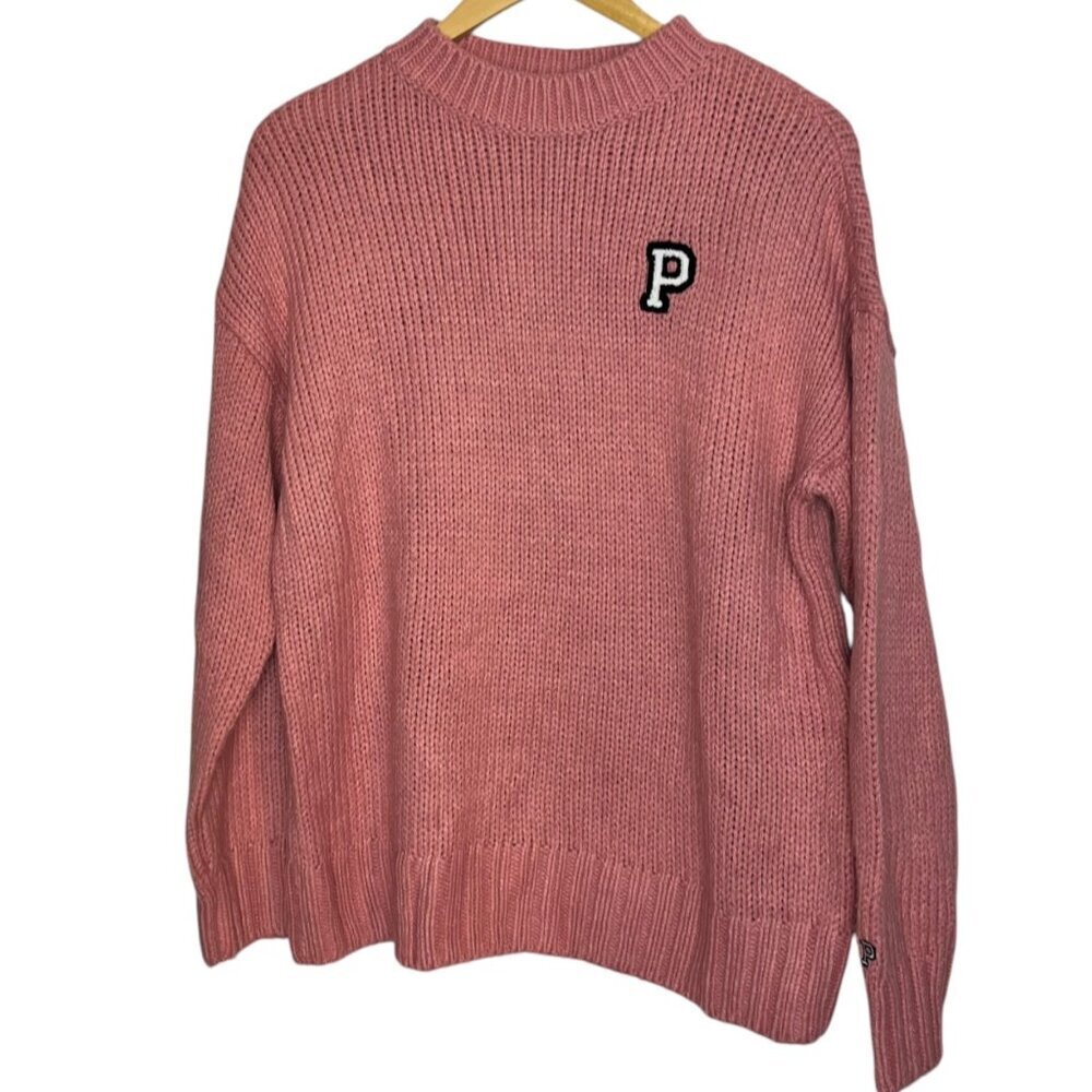 PINK Victorias Secret Women's S Pullover Varsity Patch Knit Sweater Mauve Preppy